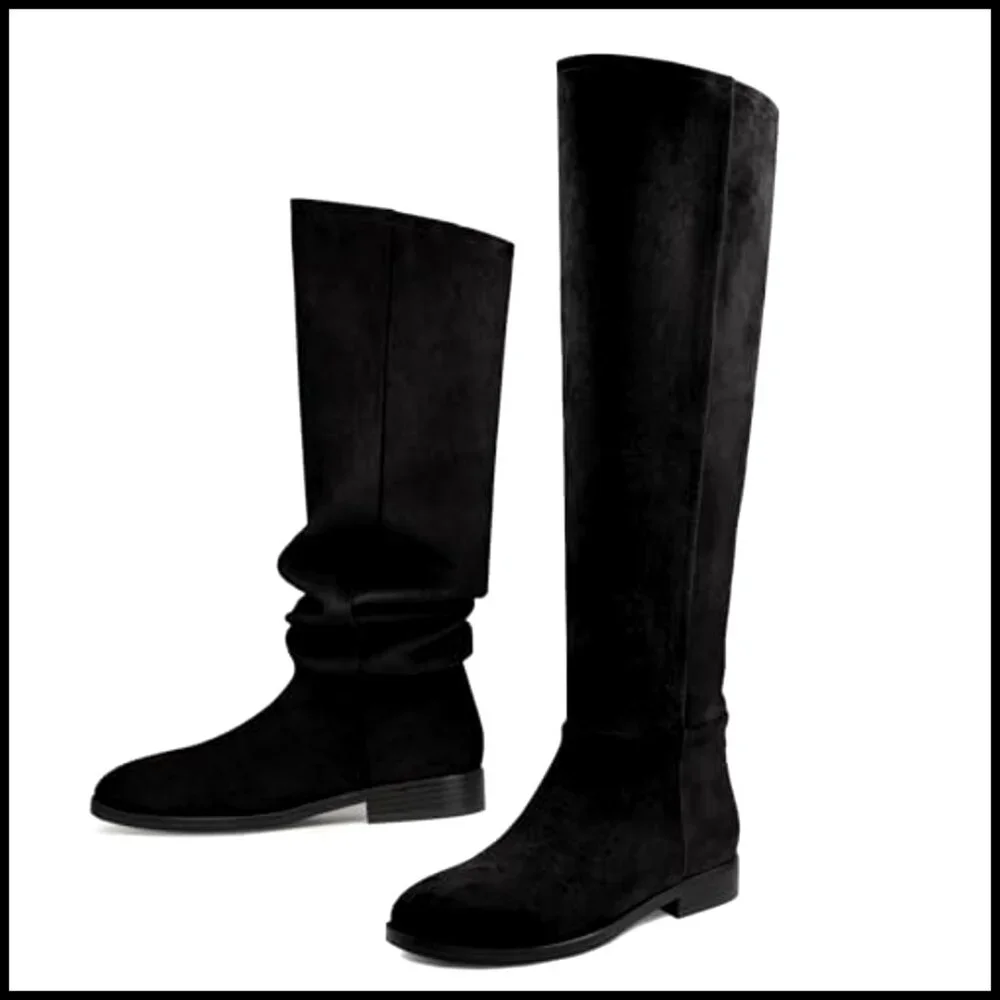 Suede Convertible Knee High Boots Fold Over Slouchy Flat Round Toe - Picture 5 of 7